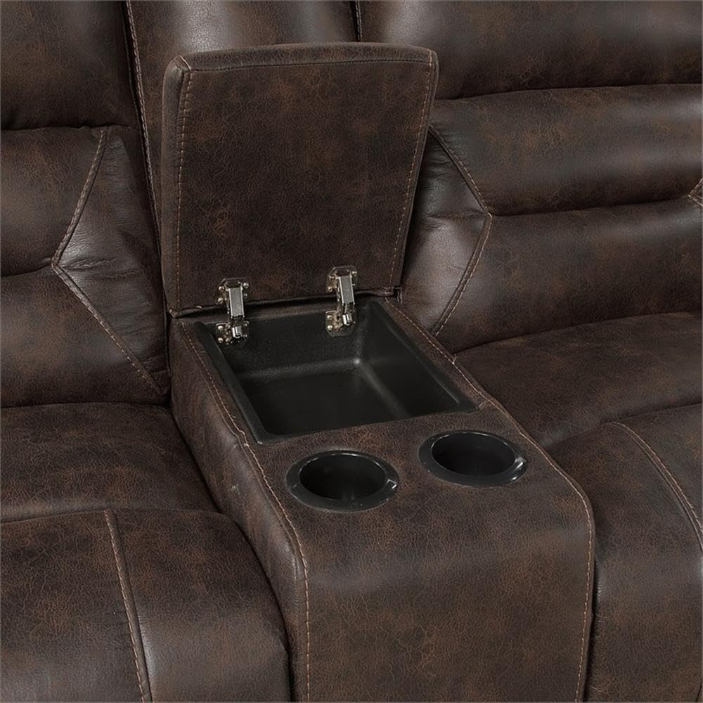 Pemberly Row Microfiber Dual Reclining Loveseat with Console, Dark Brown Polished Upholstery, Pillow-Top Arms, Contoured Seats, 2 Cupholders and Storage, Sturdy Wood Frame, Transitional Style for