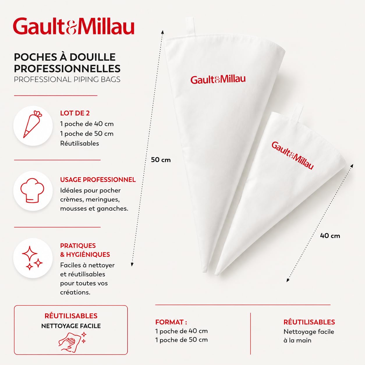 GAULT&MILLAU - Pro x2 kieszenie - Tworzenie dekorów cukierniczych - Wytrzymałe i wielokrotnego użytku - Zestaw 2 szt
