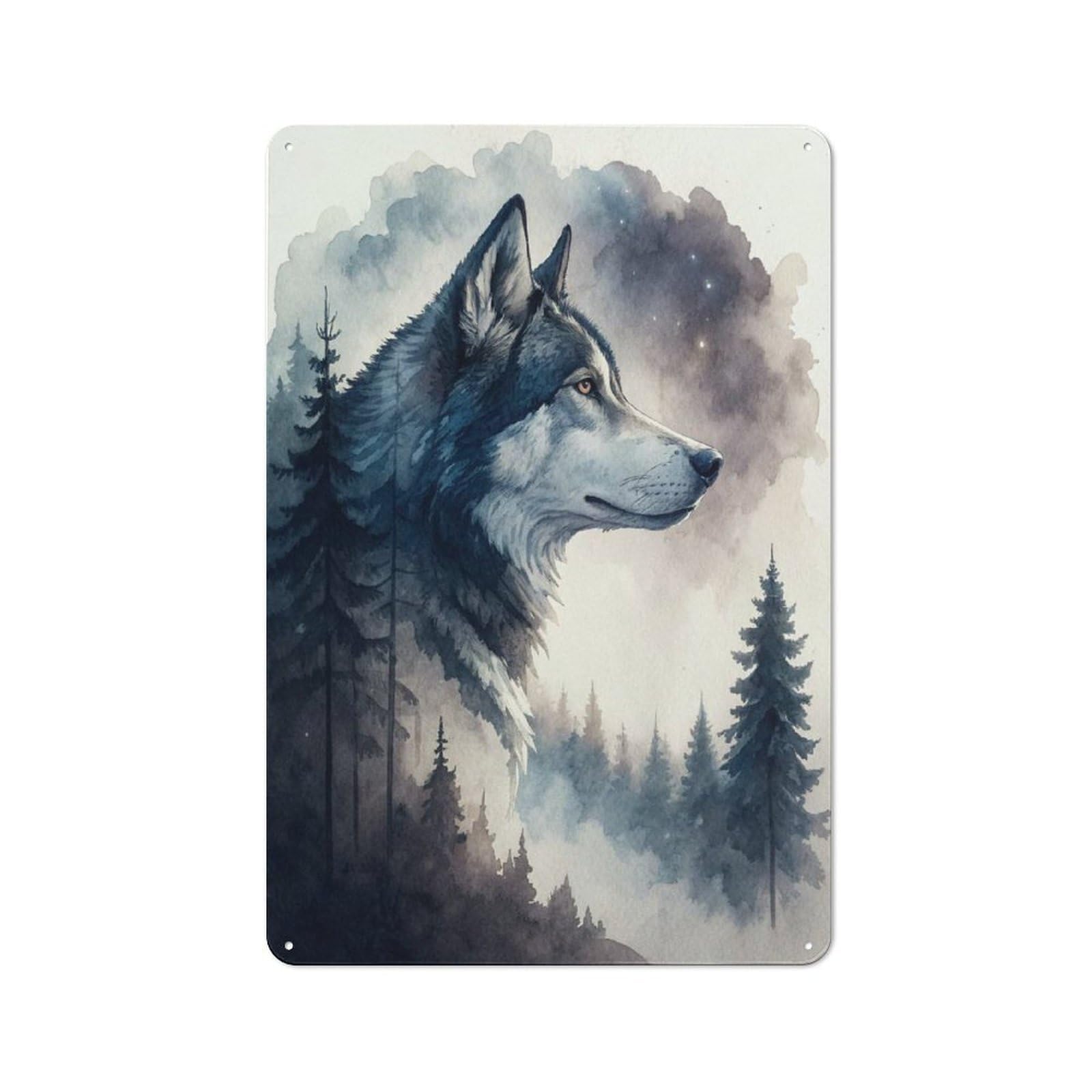 Junmoney Style-12 Tin Wall Plaque 30X20cm With Wolf In A Misty Forest For Hallway Wall, Suited To Hallway Decor Lovers, For Retro Home Interiors
