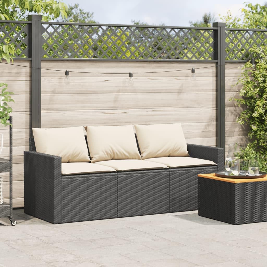 Divano da Giardino 3 Posti, in Polyrattan e Acciaio, con Cuscini Imbottiti, Set Giardino Esterno, Salotto da Giardino, per Terrazzo e Giardino, Colore Nero, Dimensioni 177x70x68 cm