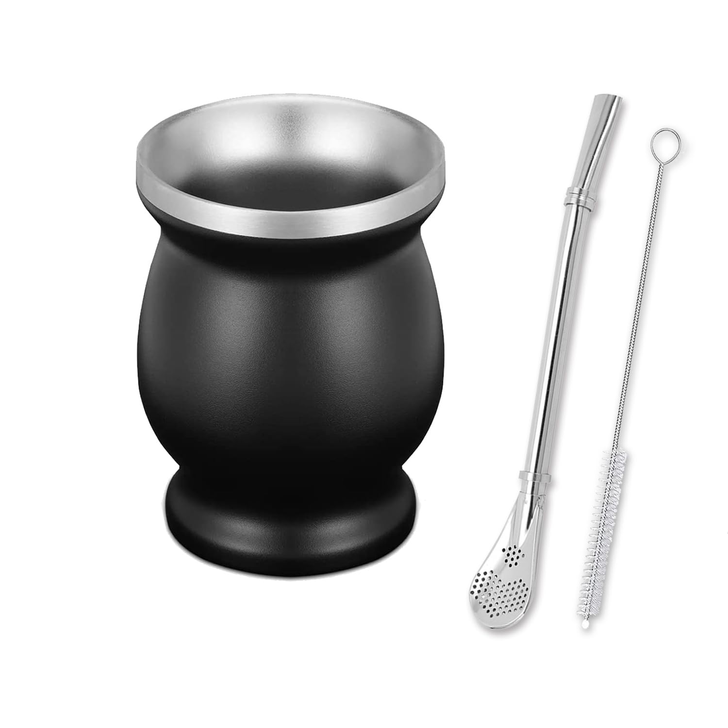 Set Mate con Pajita y Brocha, Taza de Mate Negro para Cocinas, Restaurantes, Cafeterías