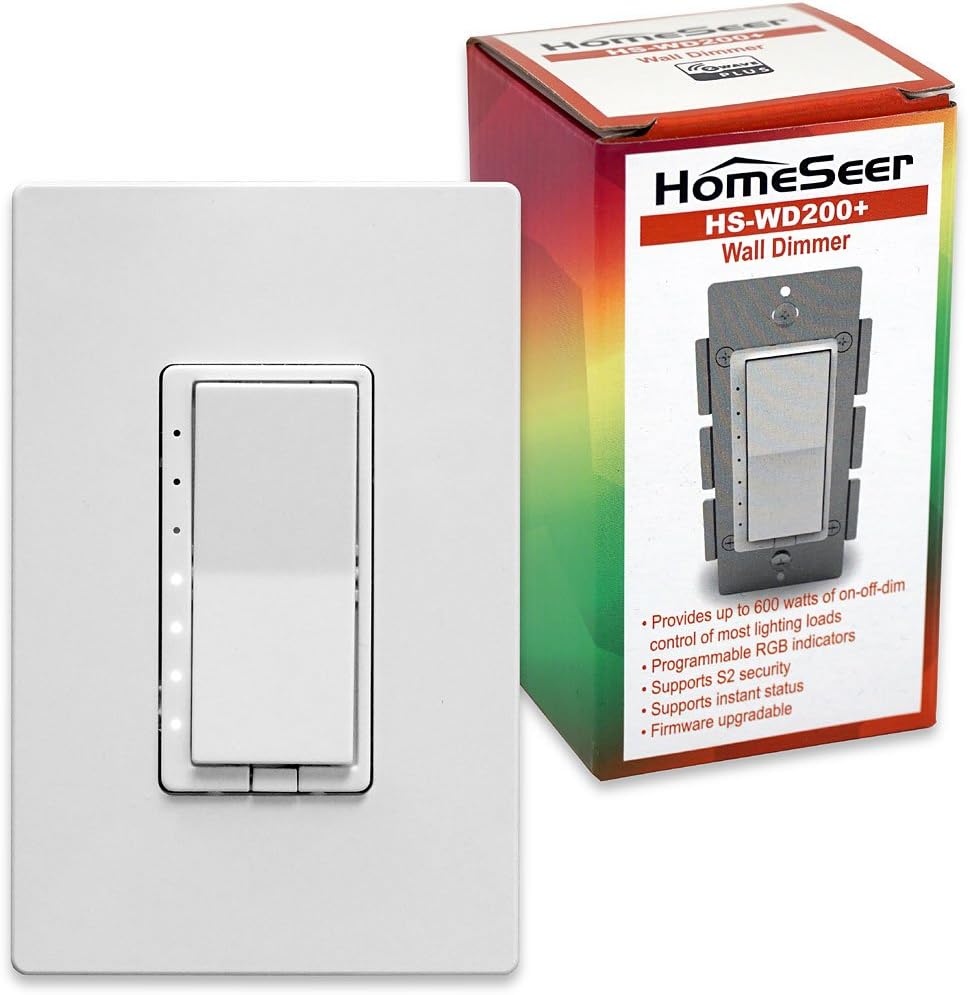 HomeSeer HS-WD200+ Z-Wave Plus Scene-Capable Smart Dimmer Switch w/RGB LED indicators, Compatible with Alexa