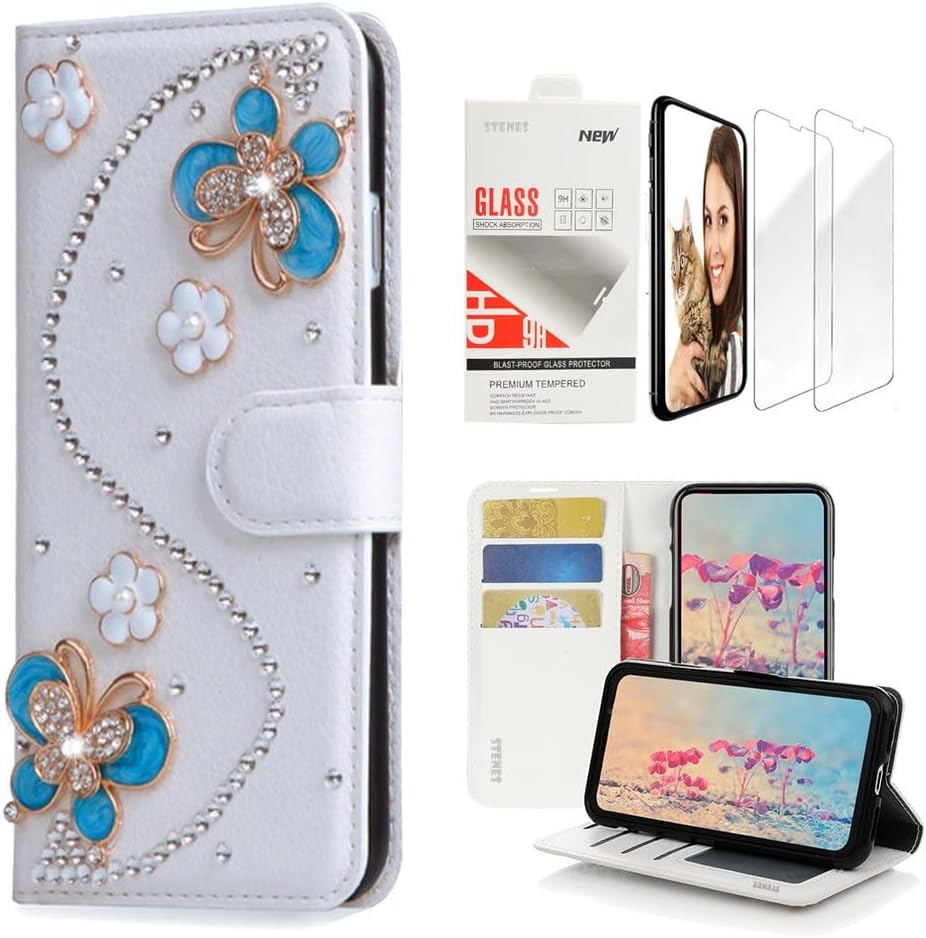 STENES Bling Wallet Phone Case Compatible with Samsung Galaxy S20 - Stylish - 3D Handmade S-Link Flowers Butterfly Design Leather Cover with Screen Protector [2 Pack] - Blue
