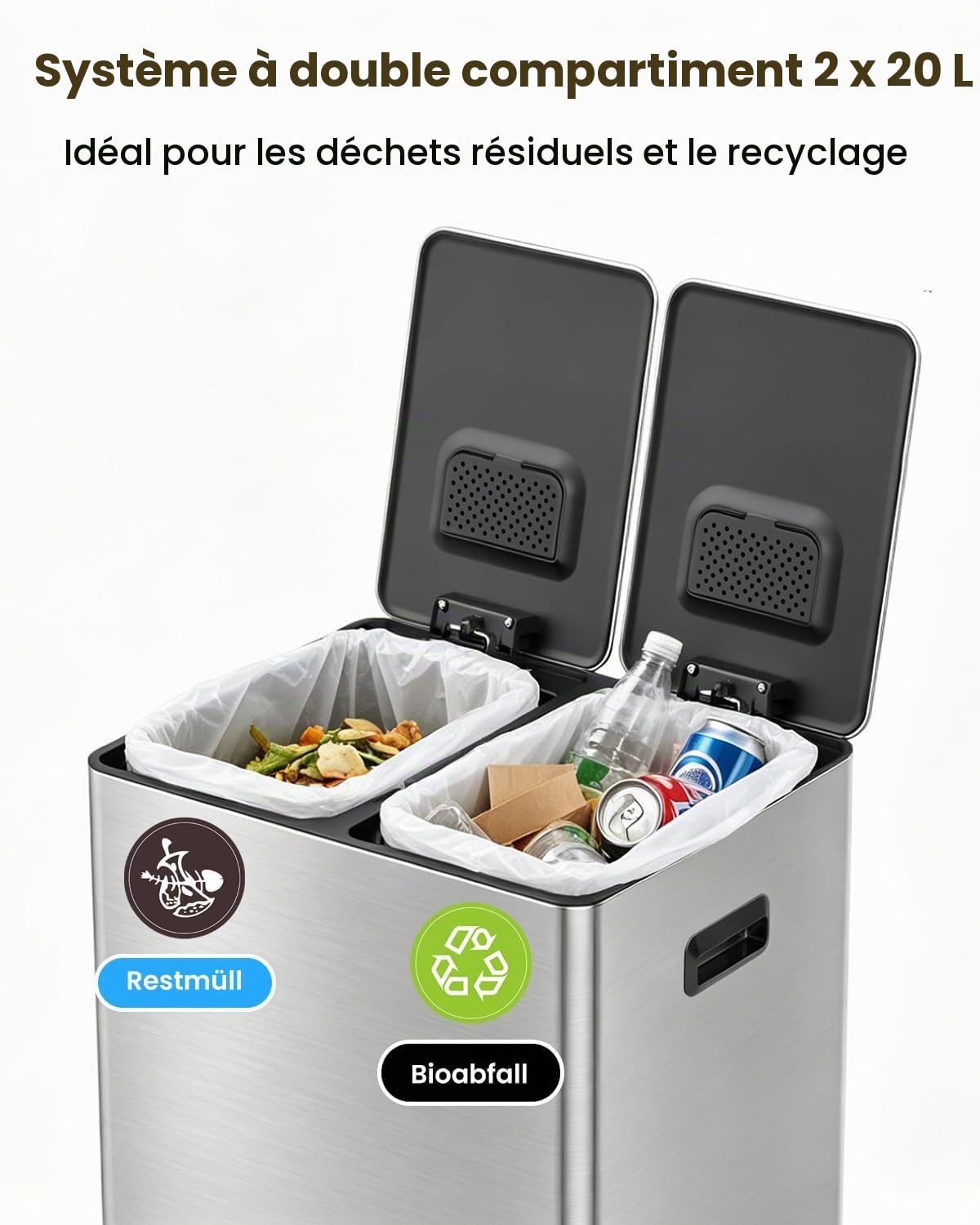 YEAUPE PRO Poubelle Cuisine 40L 2x20L, Système Tri Déchets Recyclage à Pédale 2 Bacs, Acier Inoxydable, Seaux Amovibles, Anti-Odeurs, Couvercle Soft Close, 15 Sacs Inclus, pour Cuisine Maison Bureau