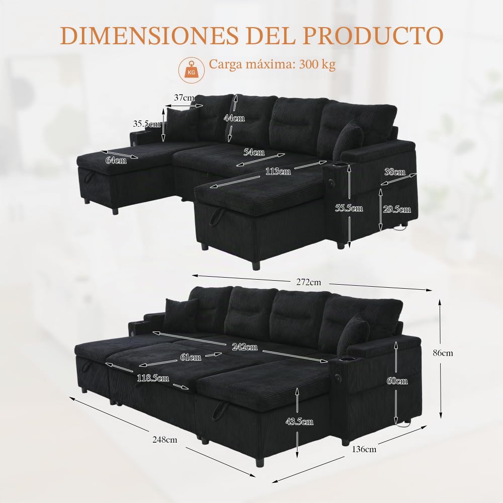 Lubvtti Sofá cama de 4 plazas con portavasos, puertos USB, almacenamiento integrado, sofá de 4 plazas moderno de pana, sofá esquinero en forma de U con chaise longue (negro + 4 plazas)