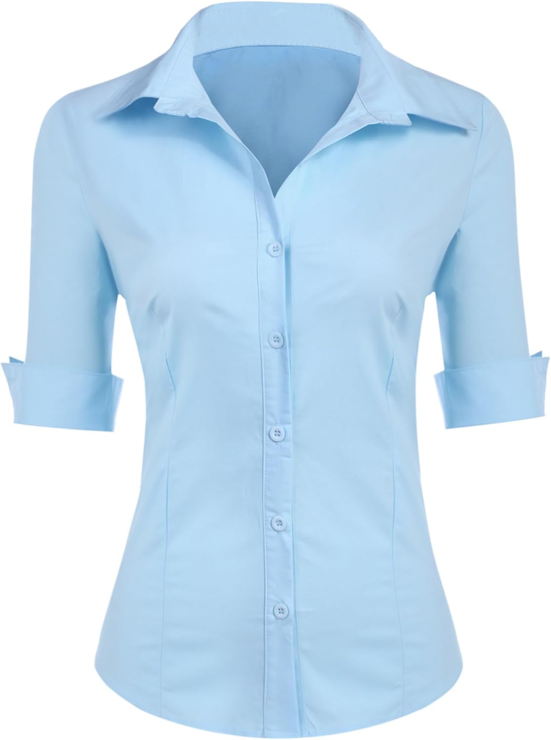 Zeagoo Damesblouse 3/4 mouw korte mouwen slim fit katoen knoopsgathemd V-hals XS-XXL, marineblauw (een maat kleiner voor slim fit), XL
