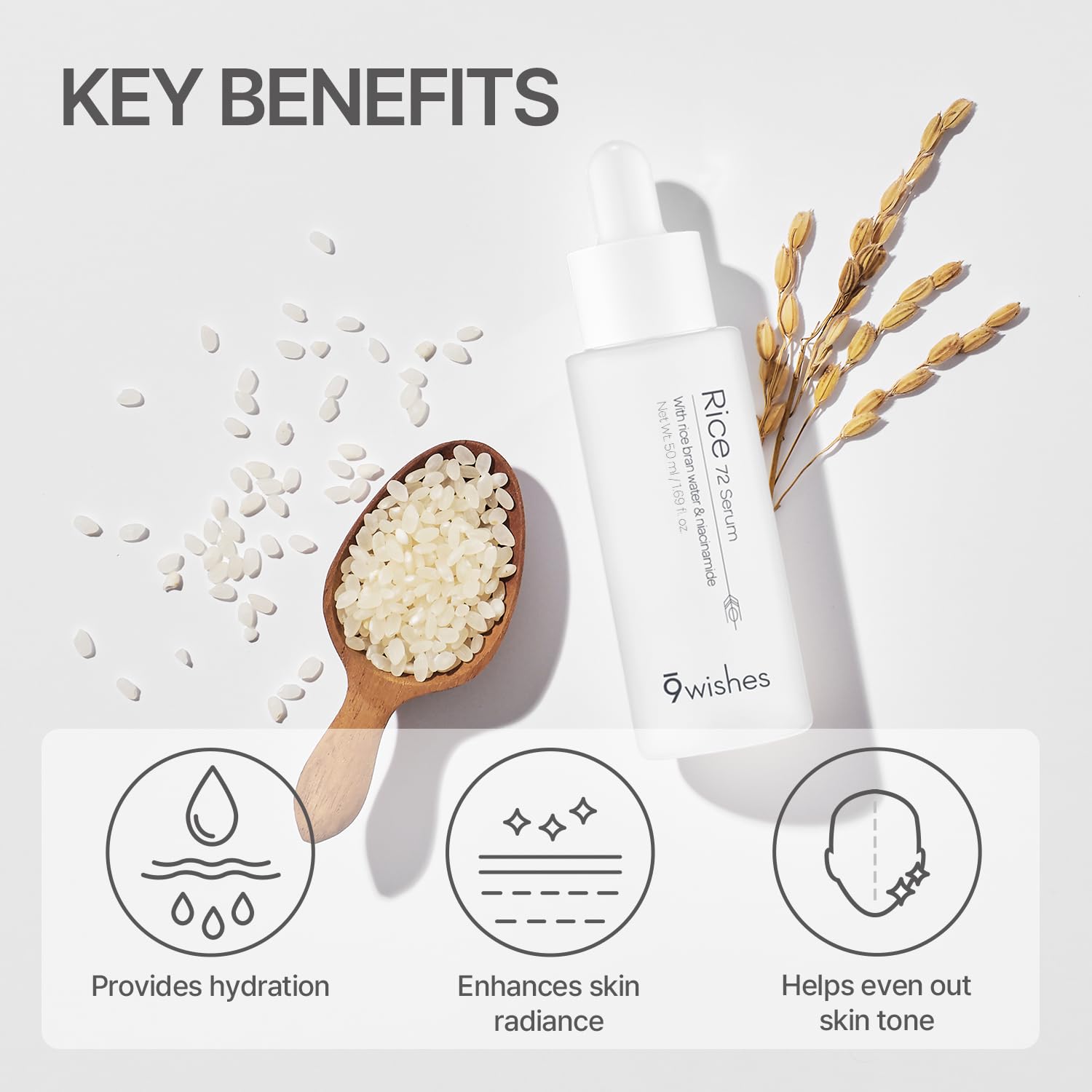 9wishes Rice 72 Serum – Korean Rice Bran Water 72% Face Serum with Niacinamide – Non-Sticky, Lightweight Hydration – Brightening Glow Boost for Dull Skin – 50ml / 1.69 fl. oz.