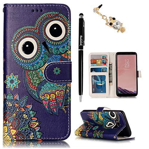 Galaxy S8 Case, Galaxy S8 Wallet Case Flip Kickstand Case Premuim Leather Cover 3D Art Colorful Owl Painting Shockproof Soft Inner Bumper with Card Slot & Dust Plug & Stylus Pen - S8