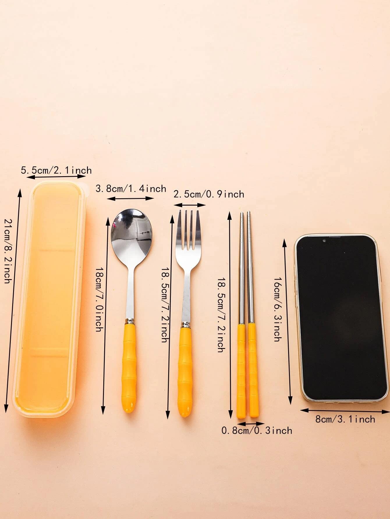 Home Cloud Premium Stainless Steel Cutlery Set Of 3-Piece (Spoon, Fork, Chopsticks) Including Travel Spoon Box - Exquisite Portable Tableware For Customized Gifts (Yellow) 3