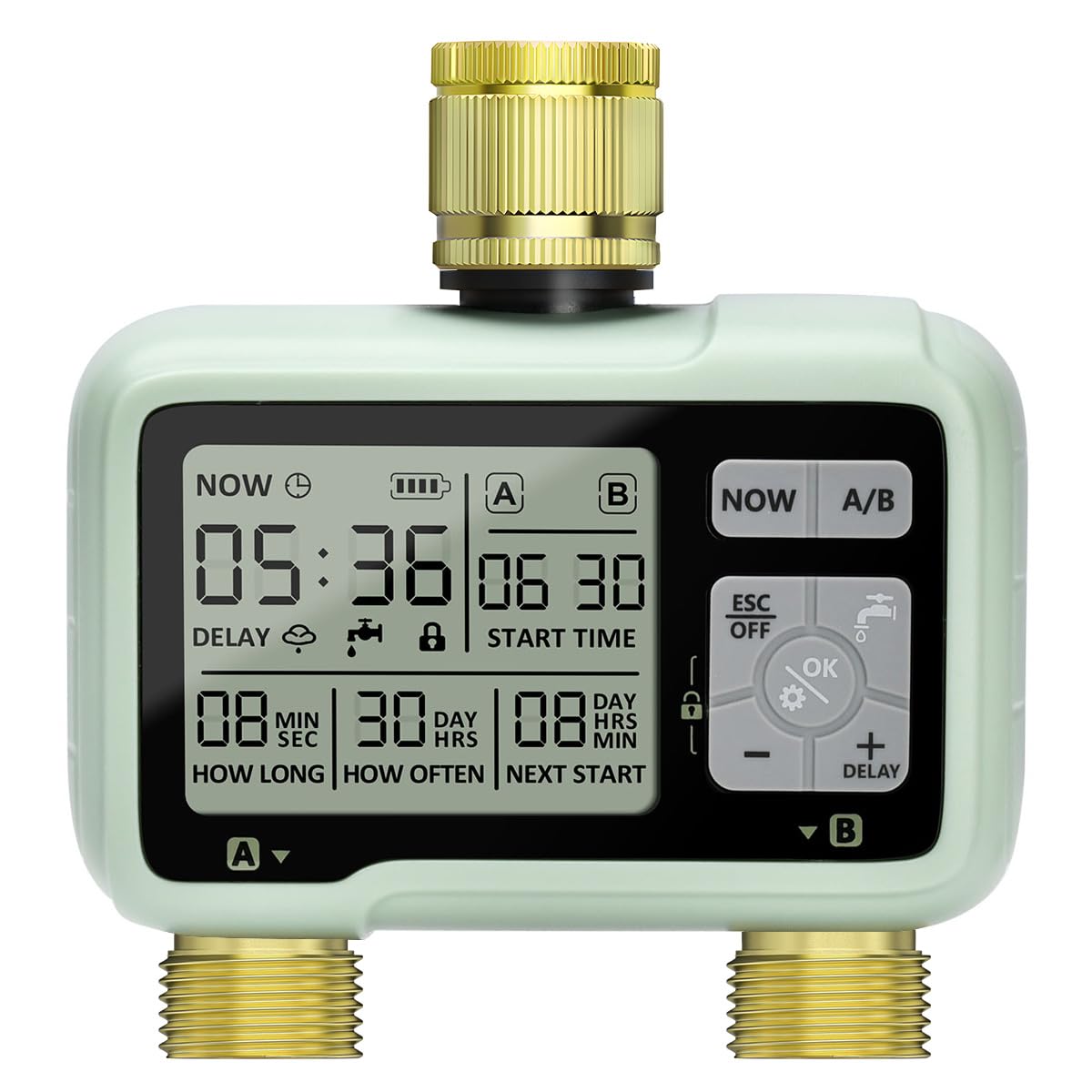 Johgee Centralina di irrigazione a 2 uscite, con ingresso e uscita in ottone, orologio digitale per irrigazione con display LCD, controllo automatico/manuale, timer, per giardino