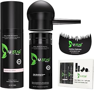 Ustar 4 in 1 Hair Building Fibers Set for Thinning Hair Thickening Natural Hair Loss Concealer Powder for Men & Women Bald Spot Cover Up and Hair Volume Enhancer 27.5g Black