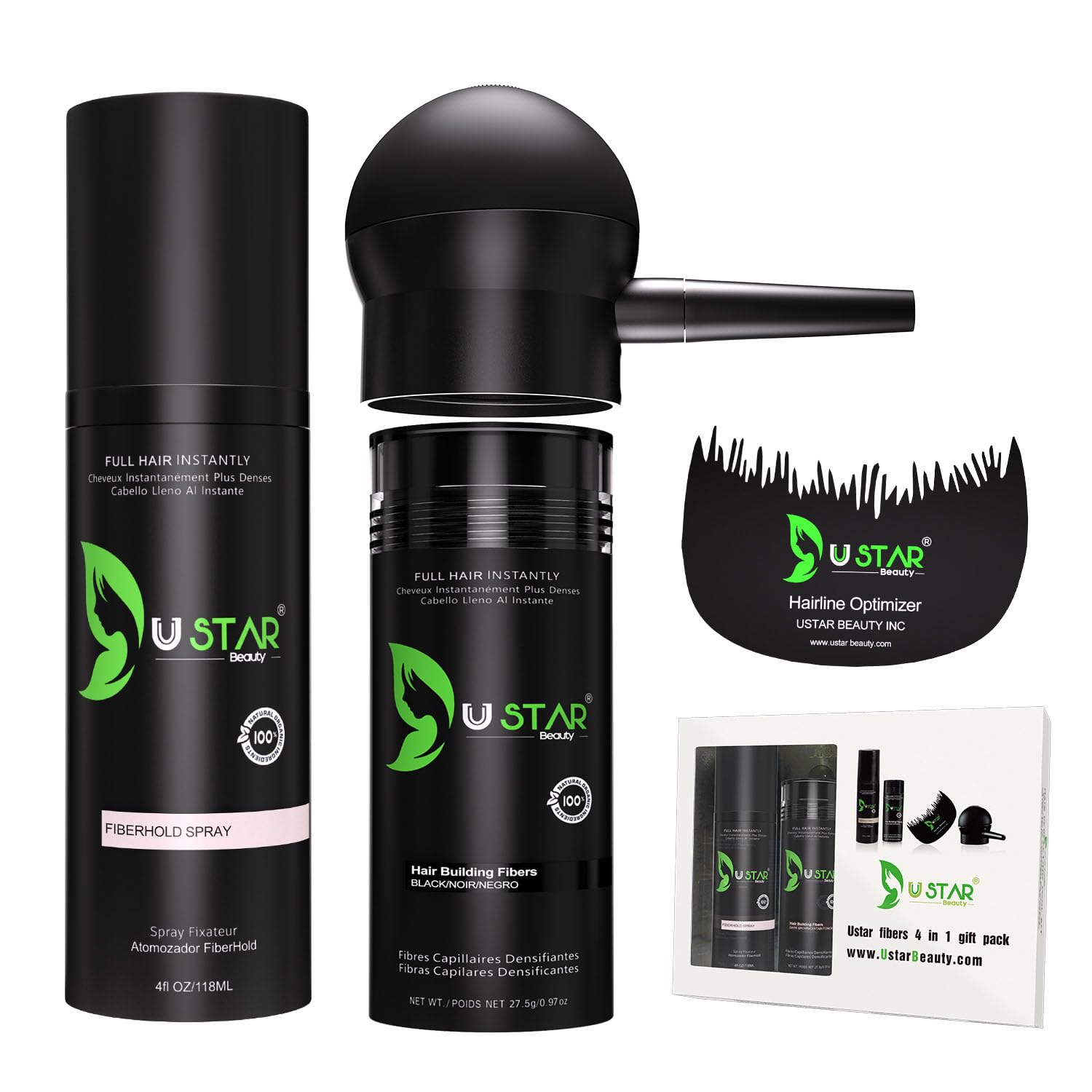 Ustar 4 in 1 Hair Building Fibers Set for Thinning Hair Thickening Natural Hair Loss Concealer Powder for Men & Women Bald Spot Cover Up and Hair Volume Enhancer 27.5g White