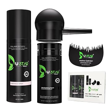 Ustar 4 in 1 Hair Building Fibers Set for Thinning Hair Thickening Natural Hair Loss Concealer Powder for Men & Women Bald Spot Cover Up and Hair Volume Enhancer 27.5g Black