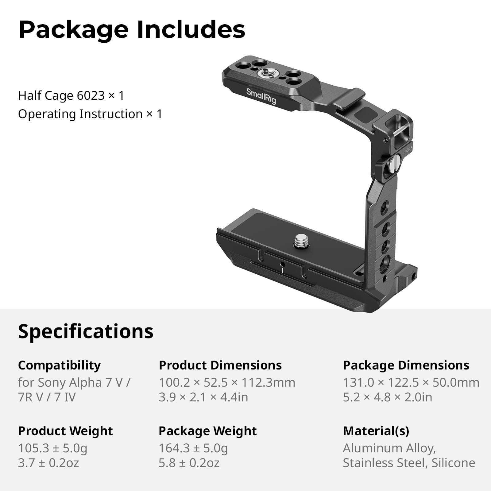 SMALLRIG HawkLock półklatka szybkozłączka do Sony Alpha 7 V / 7R V / 7 IV, stopka błyskowa i szyna NATO, płytka szybkiego montażu do Arca-Swiss do DJI RS 3 / RS 3 Pro/RS 4 / RS 4 Pro Gimbal - 6023
