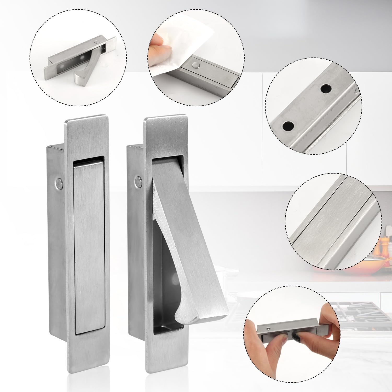 XIHIRCD 2pcs Pocket Door Edge Pull Finger, 304 Stainless Steel Pocket Door Handle Hidden Door Latch Hardware for Pocket Sliding Doors Bathroom Closet Hallway Laundry (Silver) - Image 4