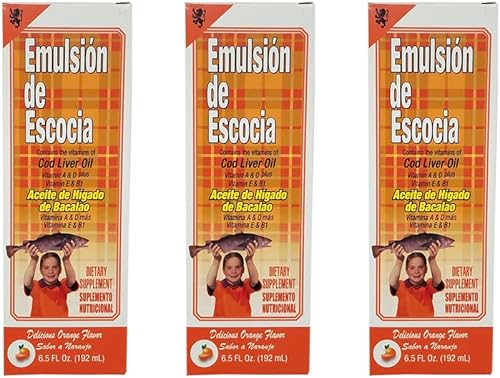 Emulsión de Escocia. Suplemento dietético de aceite de hígado de bacalao. Rico en vitaminas A, D, E y B1. Sabor a naranja. 6.5 onzas líquidas / 6.5