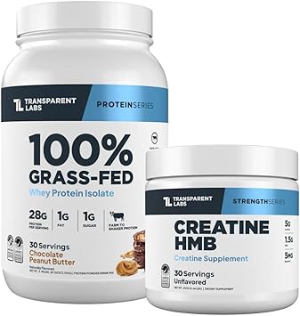 Transparent Labs Grass-Fed Whey Protein Isolate 30 Servings, Chocolate PB & Creatine HMB 30 Servings, Unflavored