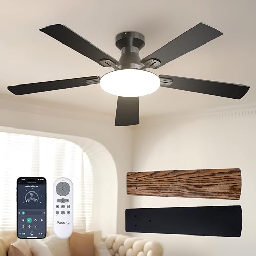 Passky 52 Inch Black Low Profile Ceiling Fans with Lights and Remote | Flush mount, 3-color dimmable light, quiet reversible DC motor, easy install, memory, APP, bedroom, covered outdoor areas