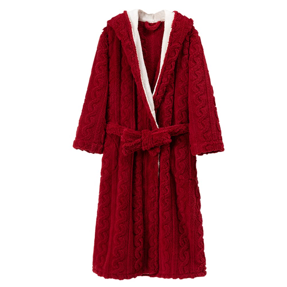 Womens Hooded Coral Fleece Robe Thickened Warm Morning Gown Skin-Friendly and Soft