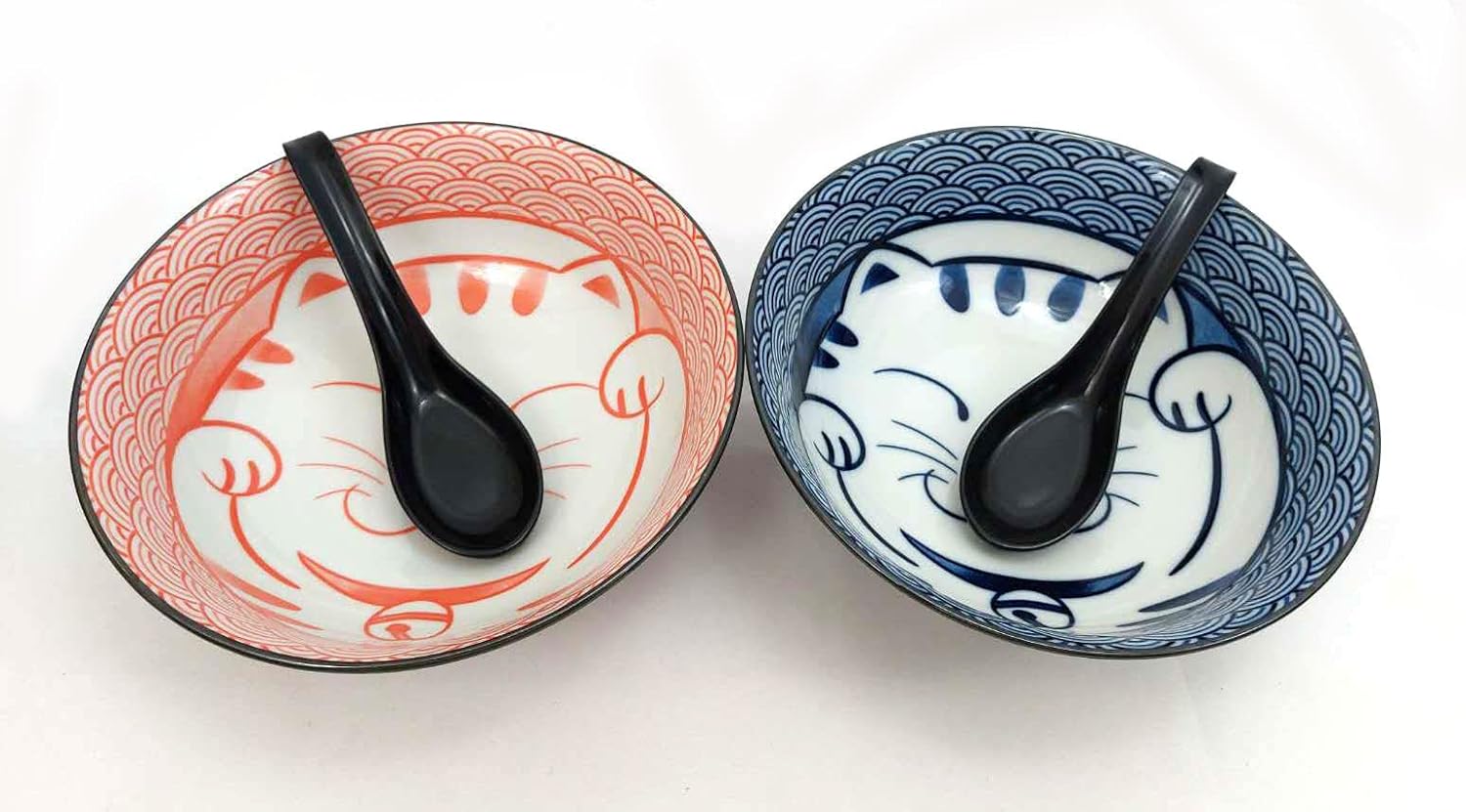 JapanBargain 4694, Large Japanese Porcelain Soup Bowls and Spoons Gift Set, Lucky Cat Pattern Ramen Bowls, Blue and Pink Color, Set of 2, Made in Japan, 36 Ounce