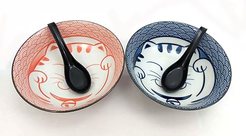 JapanBargain 4694 - Juego de 2 cuencos de sopa y cucharas japonesas grandes de porcelana japonesa, cuencos de ramen con patrón de gato de la suerte,