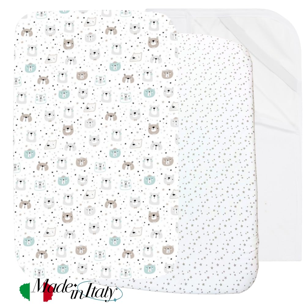 FlyIdeas Set 2 Lenzuola Navicella Neonato 75x35 cm + 1 Coprimaterasso Carrozzina Impermeabile – 100% Cotone – Traspirante, Morbido, Adatto per Culla e Passeggino (Orsetti)