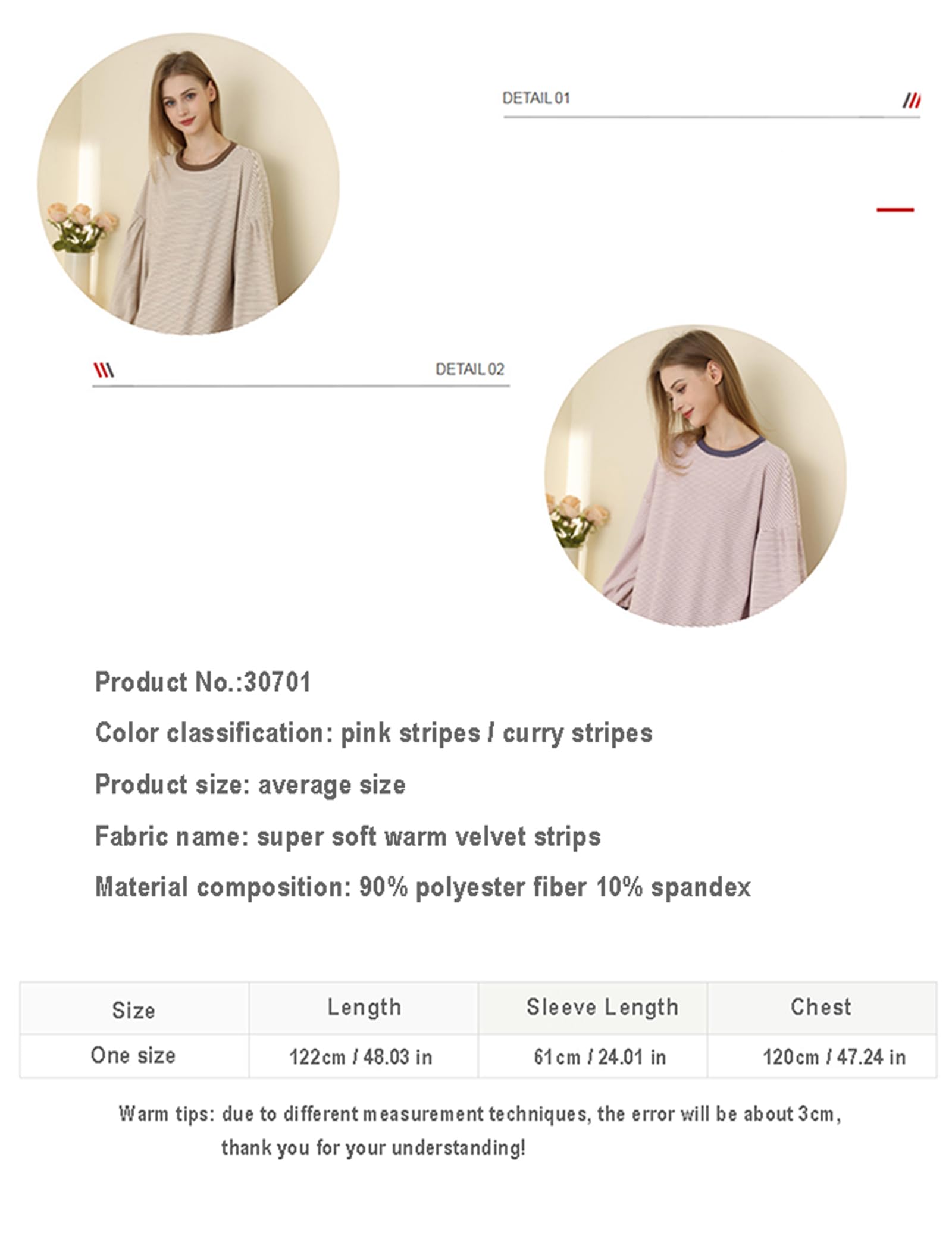Generic Długie koszule nocne w paski dla kobiet, miękka koszulka nocna z okrągłym dekoltem luźna bielizna nocna Fit Pullover,Curry stripe,One Size