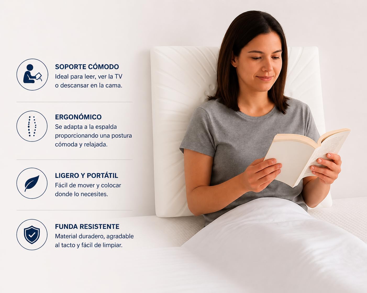 Aznar Almohada Cojin Viscoelastico para Lectura Respaldo Ergonomico con Soporte Lumbar Brazos Laterales Comodo para Cama Sofa Descanso Ver Television 60x60 cm