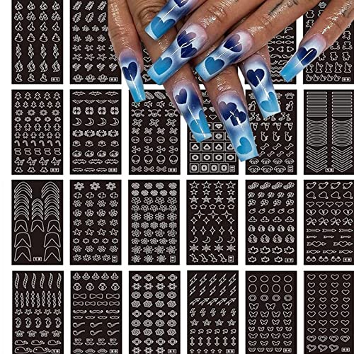 24 Sheets Airbrush Stencils Nail Stickers Butterfly Star Moon Flame Rose Snowflake Bear Rabbit French Nail Decals Printing Template Stencil Tool Guide Diy Nail Designs Nail Art Decorations #TOP4