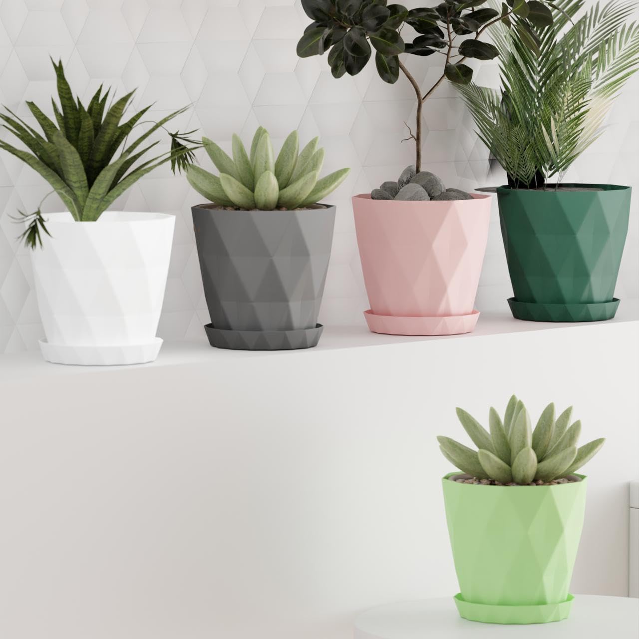 Leafly Plastic Round Flower Pots for Home Planters, Terrace, Garden etc | Pack of 5 | Multicolor | Suitable for Home Indoor & Outdoor Gardening Plants (Diamond Planter)