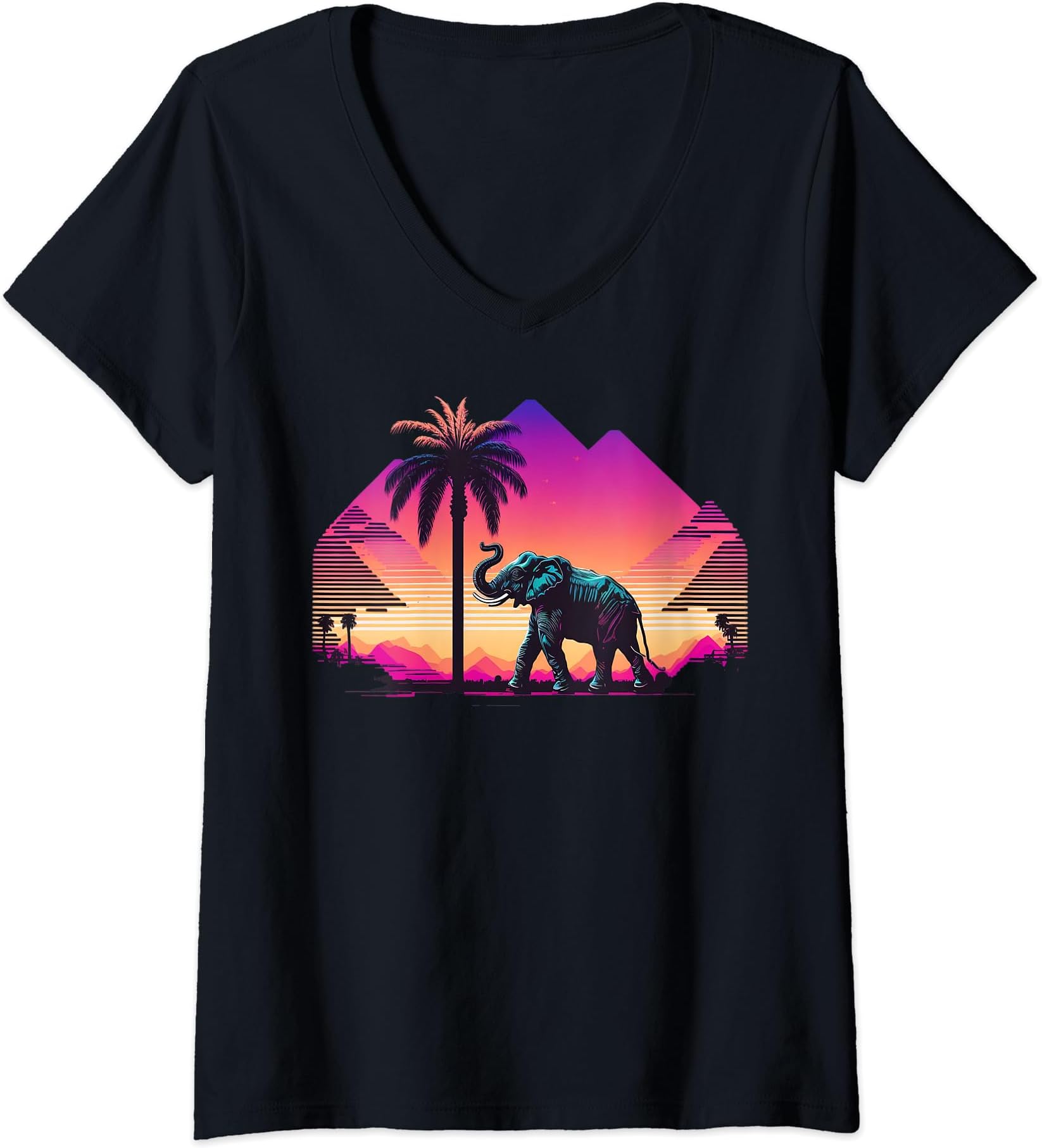 Elephant lover Elephant kids, women & men apparelWomens Vintage Retrowave Synthwave 80s Vaporwave Elephant V-Neck T-Shirt