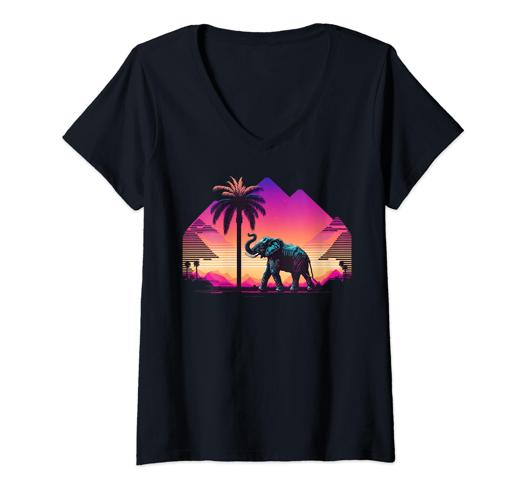 Elephant lover Elephant kids, women & men apparelWomens Vintage Retrowave Synthwave 80s Vaporwave Elephant V-Neck T-Shirt