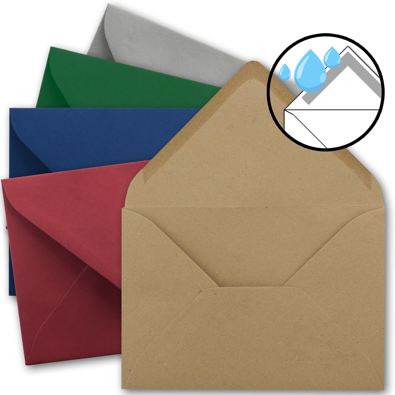 Lote de 100 sobres con estrellas metalizadas DIN C5 - Mix Set 1, sobres en rojo, gris, verde, azul y papel kraft - con estrellas en oro