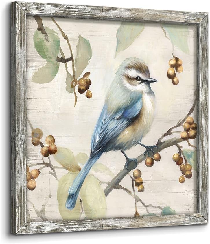 Bird Floral Wall Art Framed: Elegant Flower Blossom Picture Blue Bird on the Tree Branch Wood Painting Animal Prints Artwork for Bathroom