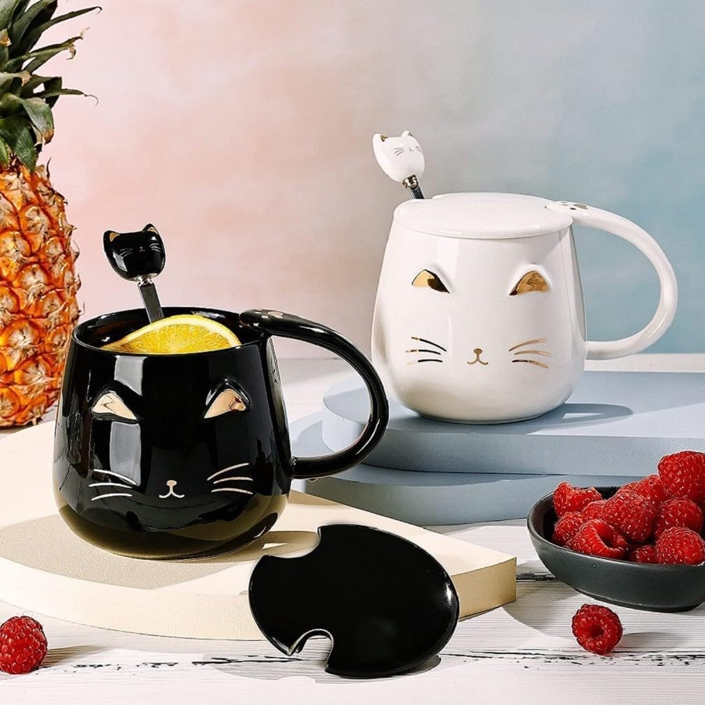 Duo Cat Cups Kawaii - Black and White - with Lid and Spoon