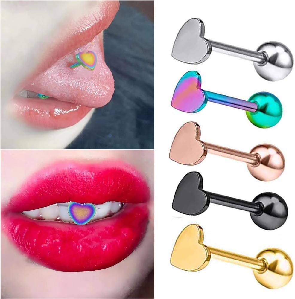5 Pcs 14G Stainless Steel Heart Tongue Rings for Women Hypoallergenic Tongue Piercing Barbell Cartilage Helix Studs Earrings Body Piercing Jewelry - Image 2