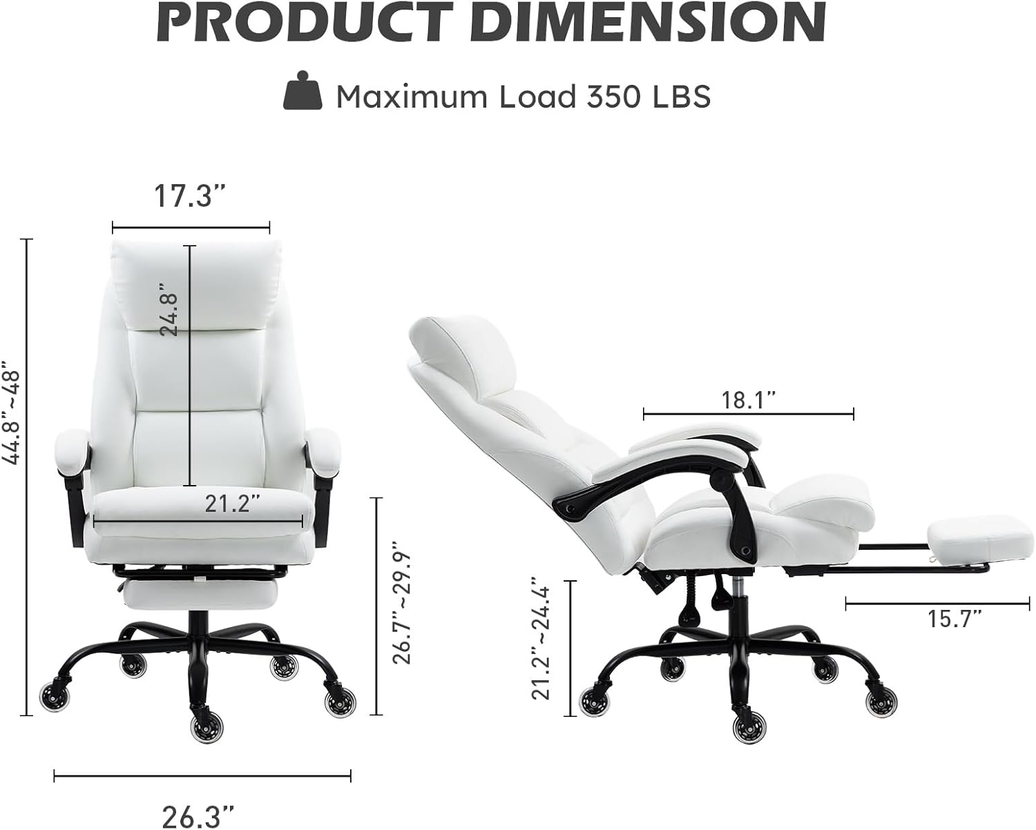 Bonzy Home Reclining Office Chair with Foot Rest, High Back Ergonomic Executive Chair with Footrest, Superior Quiet Wheels, Lumbar Pillow, PU Leather Height Adjustable Computer Desk Chair, White - Image 2
