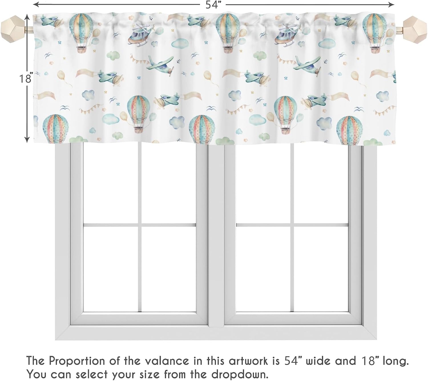 Cute Plane Hot Air Balloon Curtain Valance Rod Pocket Cartoon Aircraft Cloud Stars Window Treatments for Living Room Kitchen Kids Room Nursery Playroom Classroom Plane 54x18inch Pack of 2