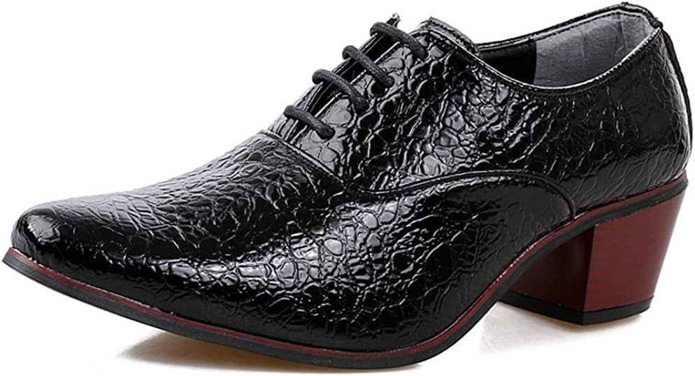 Mens Cuban Heels Shoes Crocodile Pattern Wedding Dress Party (EUR44,Black)