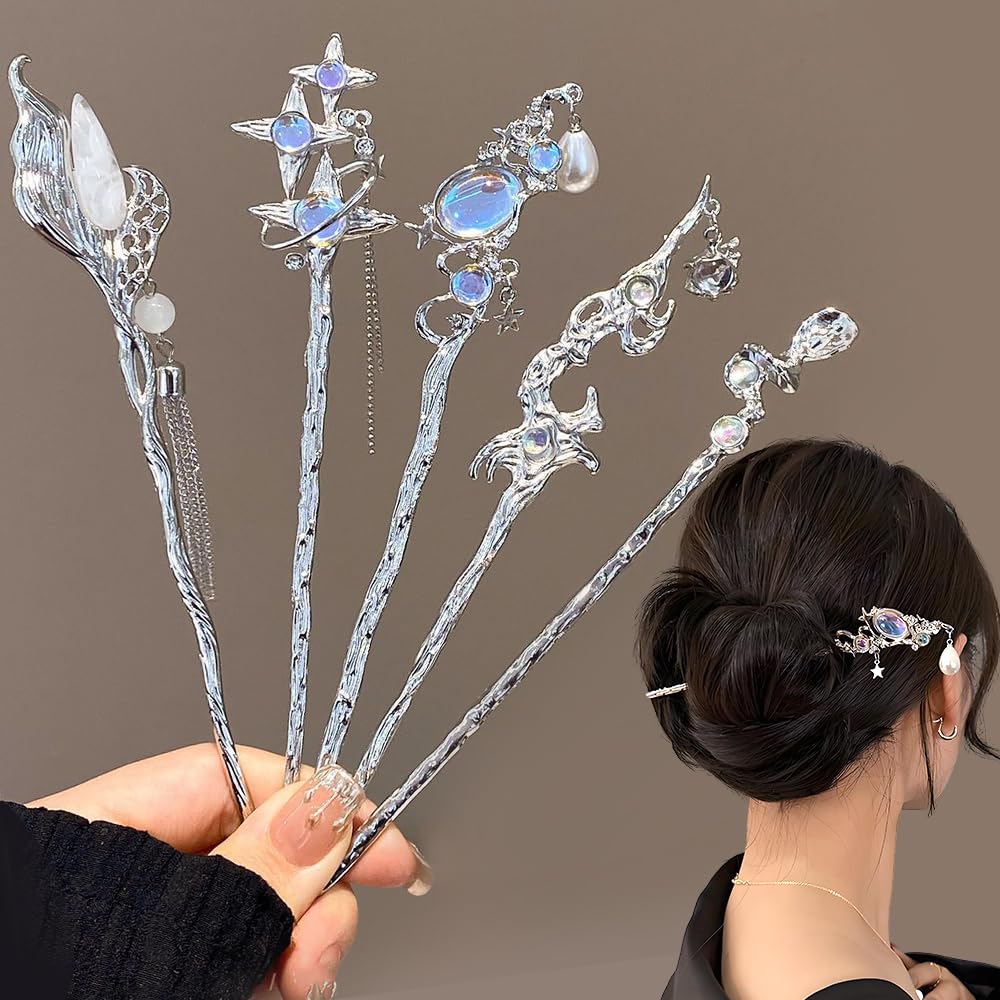 5pcs Star Moonstone Hair Sticks for Buns Long Hair Metal Silver