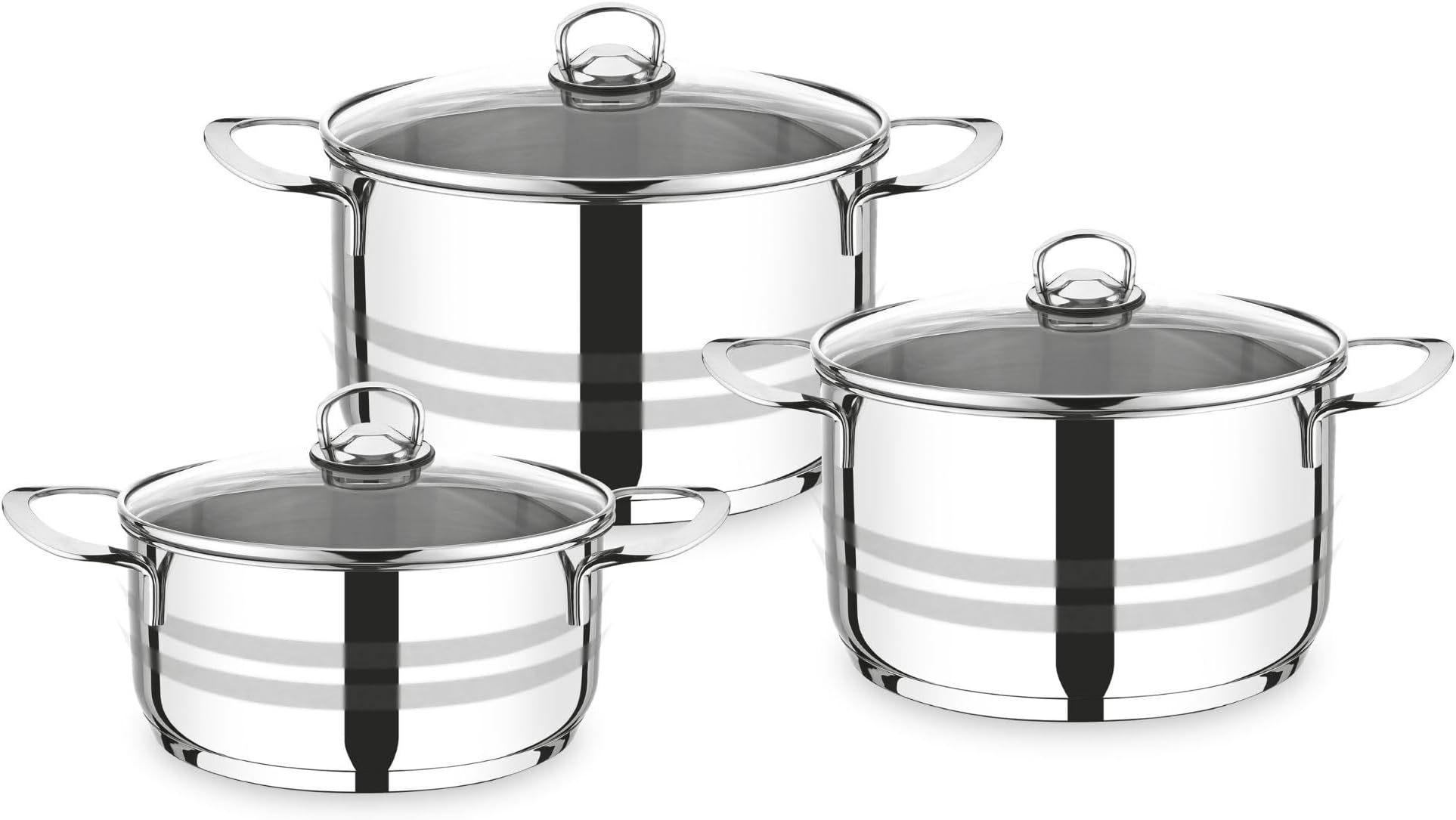 Prestige 6 Pieces Stockpot Set | Stainless Steel Cookware Set | Induction Compatible Cooking Pots Set with glass Lid | 20cm/3L, 26cm/8L, 30cm/14L - PR7006