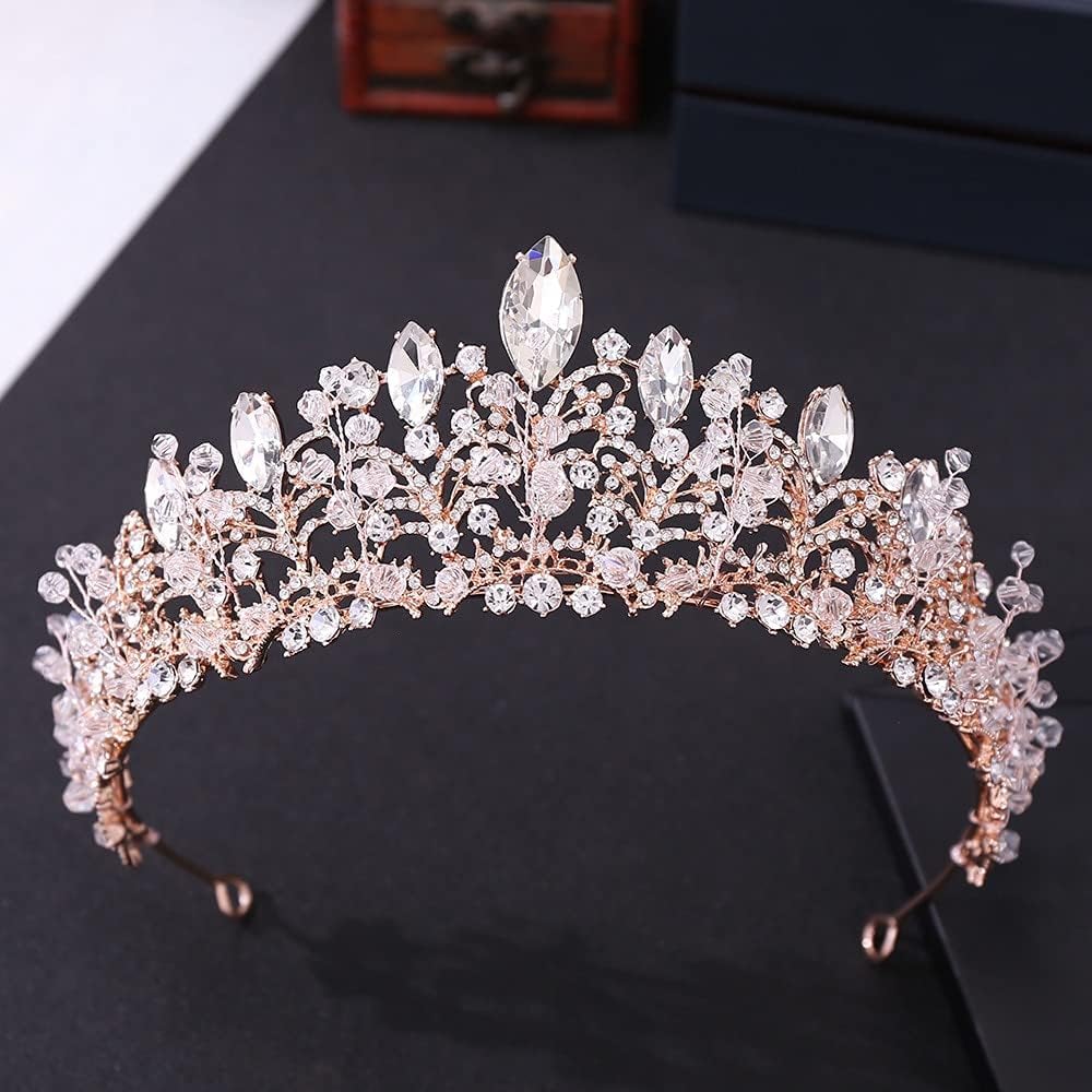 Diamentowa Tiara luksusowe różowe złoto kryształowe koraliki serce tiary ślubne korona duże Rhinestone korowód diadem opaska ślubne akcesoria do włosów