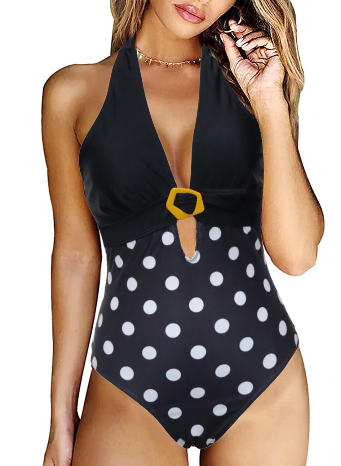 Rayson Traje de Baño Mujer Una Pieza Escote en V Profundo Bañador Correas Espaguetis Ajustables Swimsuit Control de Barriga