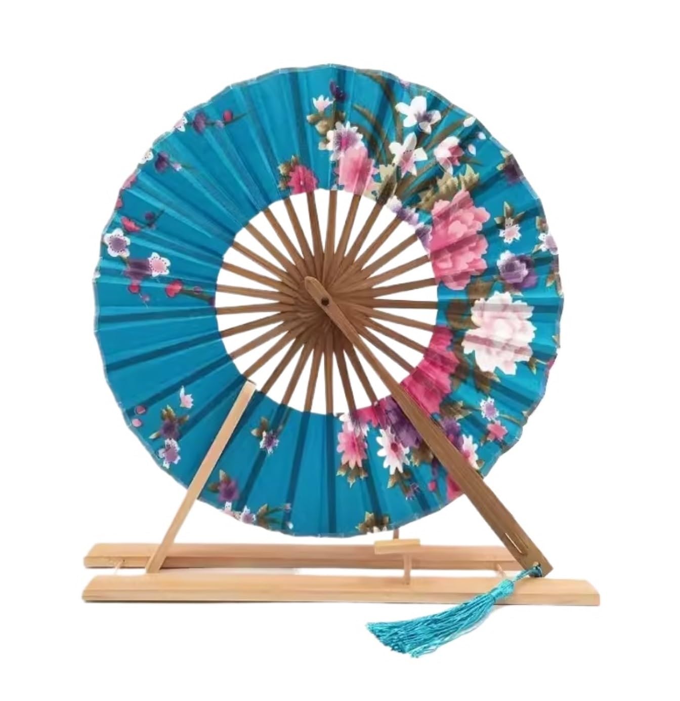 DANNMPX Display Fans Folding Hand Fan Japanese Sakura Flower Pocket Round Circle Party Decor Bamboo Hand Held(C)