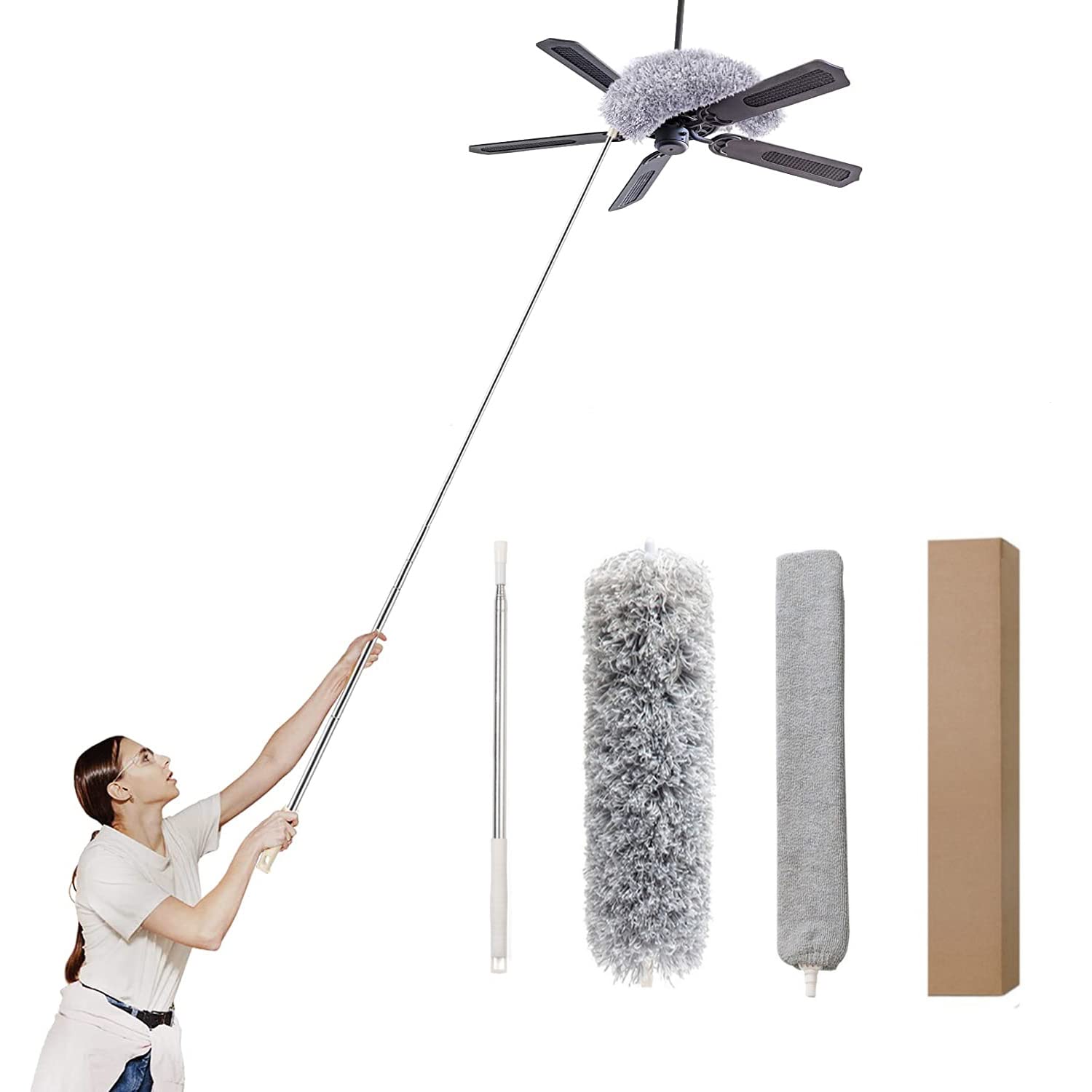 MOSYCLE Microfiber Duster with Extendable Pole, Extra Long Feather Duster for Cleaning, Bendable Head, Scratch-Resistant Cover, Washable Duster for Ceiling, Fan, Furniture & Cars