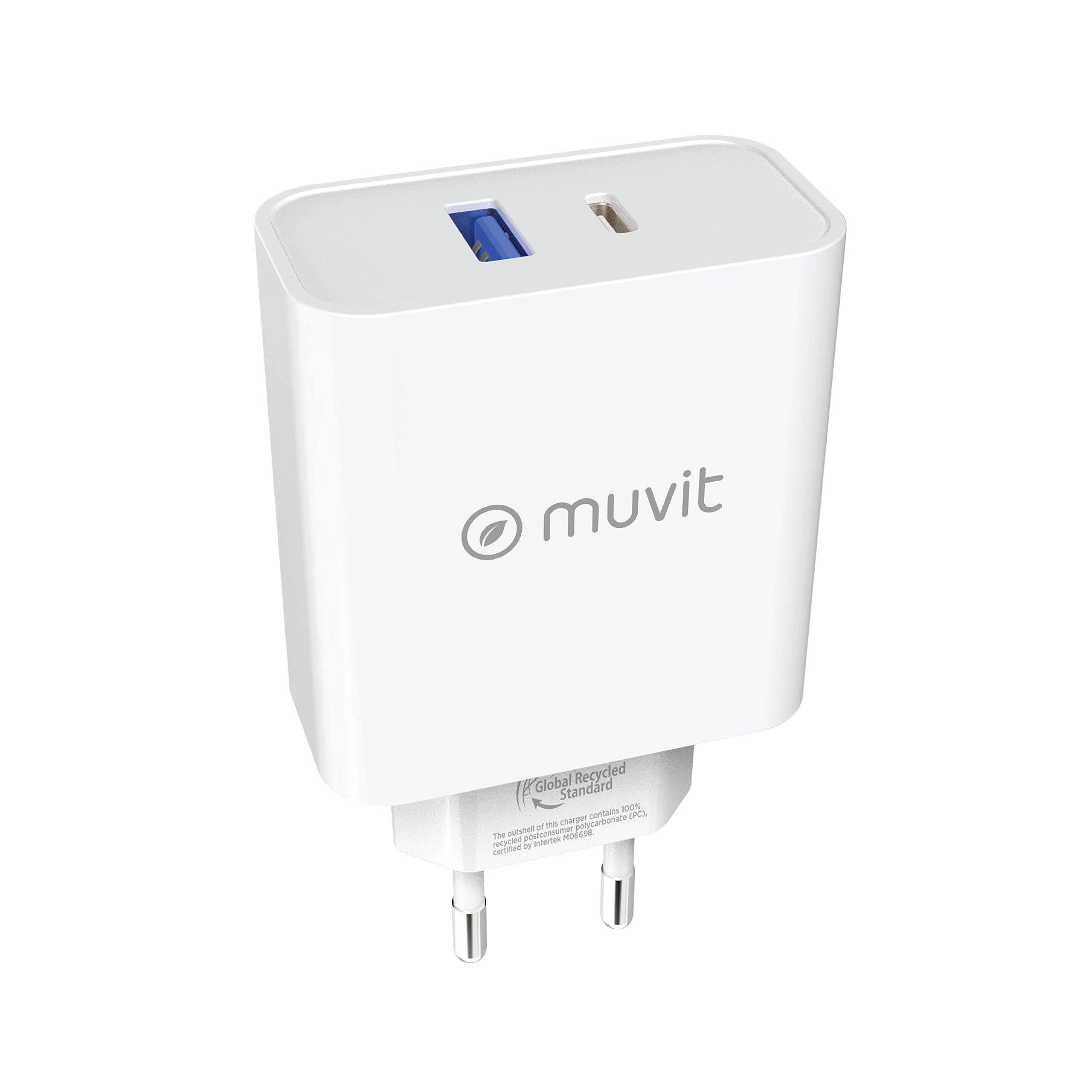 muvit for Change Cargador de Pared 1 USB QC 3.0 18W+1 Tipo C PD 65W Blanco