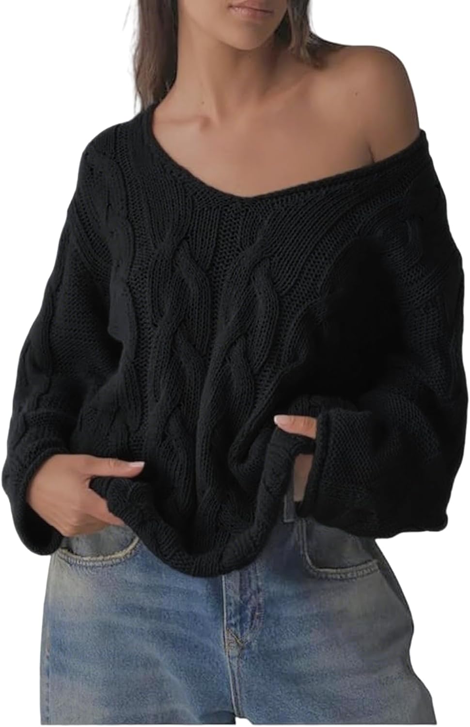 Melliflo Womens Oversized Cable Knit Sweater Fall V Neck Chunky Knit Sweater Casual Pullover Sweater Top