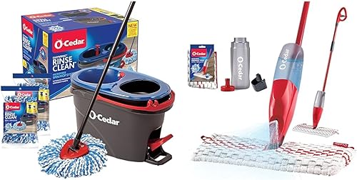 O-Cedar EasyWring RinseClean - Sistema de limpieza de suelos de microfibra giratoria y cubo con 2 recambios adicionales y mopa de microfibra ProMist