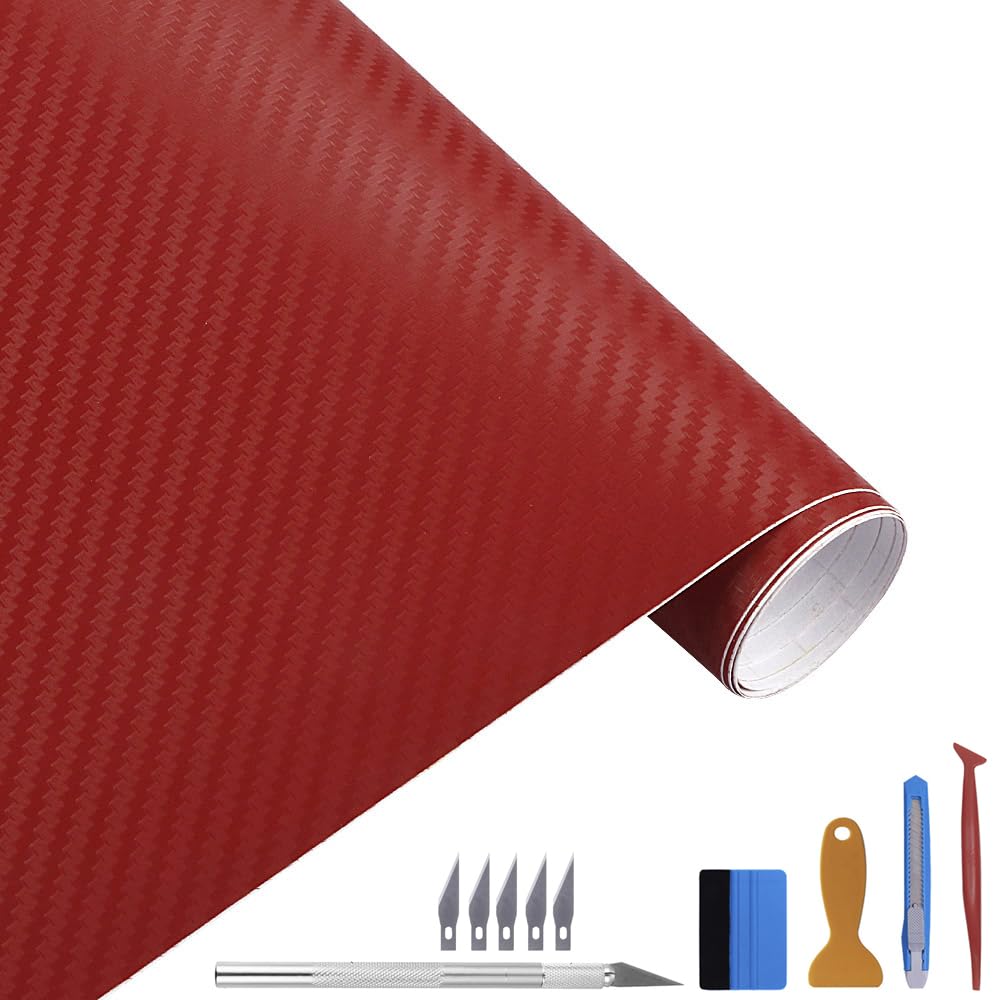 Pellicola protettiva in carbonio opaca rossa 30 x 300 cm autoadesiva 3D per auto moto