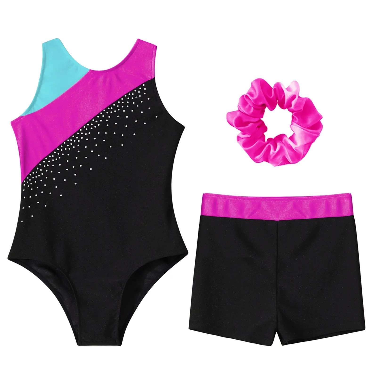 Gymnastikanzug Mädchen Ärmelloses Glitzer-Gymnastik-Trikot for Mädchen, Ballett-Tanz-Ganzanzug, Strass-Biketard, passende Shorts, Haargummis-Sets(Pink A,12)
